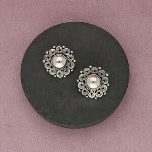 mexico sterling silver vintage swirls dome clip-on earrings